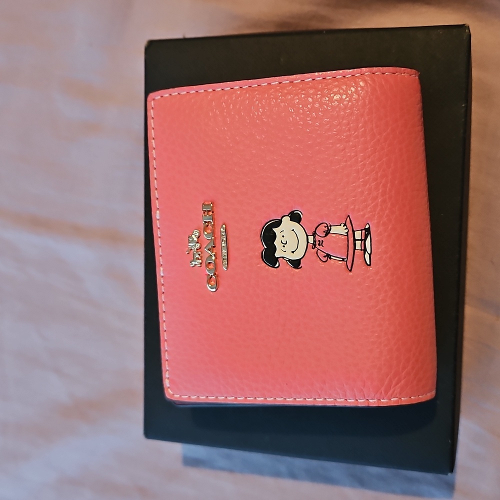 Coach X Peanuts Pink Coral Leather Snap Wallet With Lucy Bag Purse